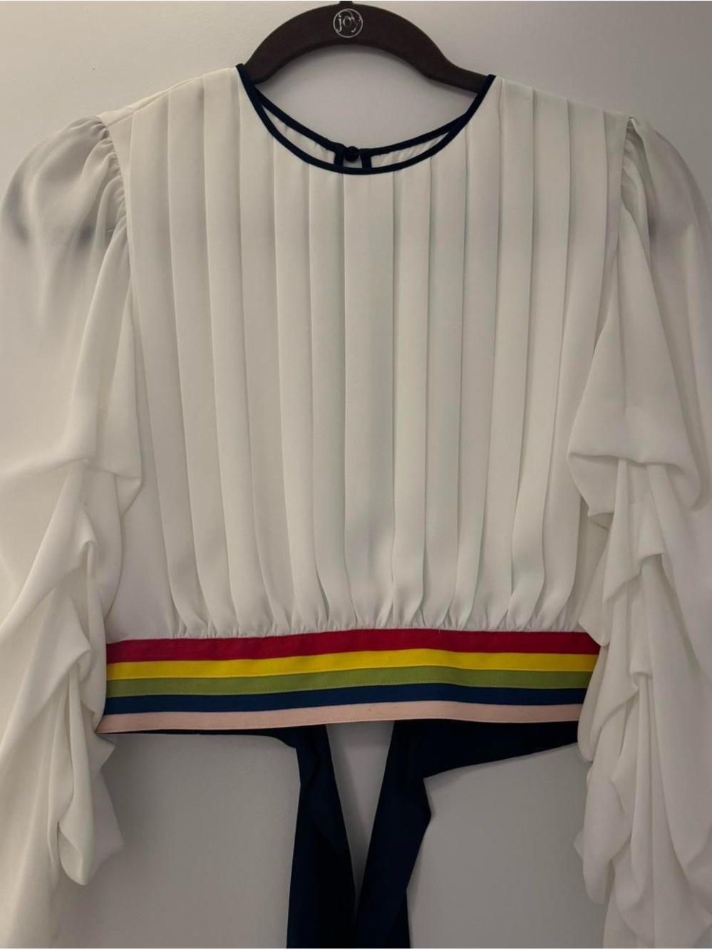 Alice + Olivia White Pleated Blouse with Rainbow Stripe Waistband